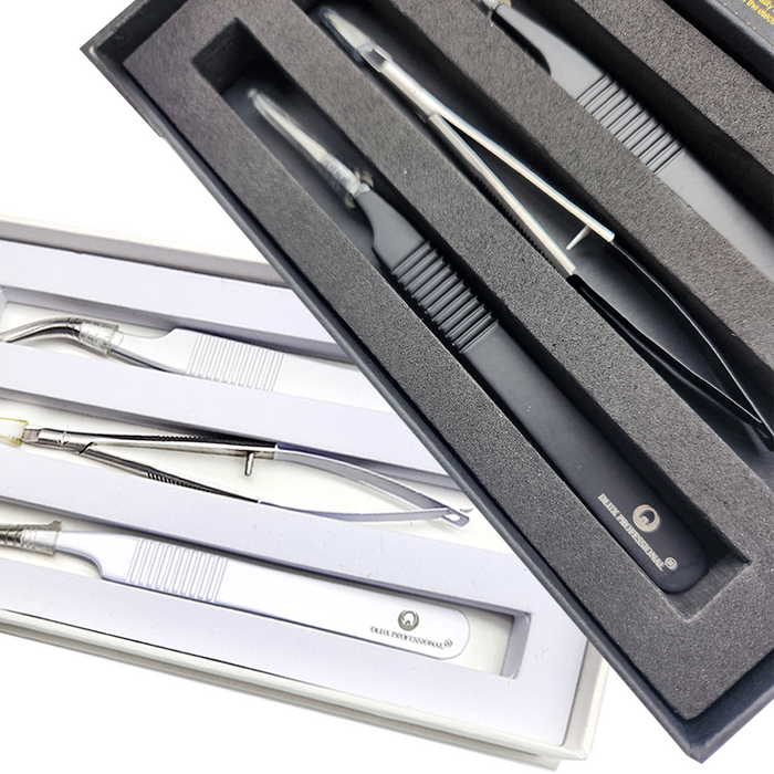 DLUX Pro Lash Extension Tweezer & Scissor Set W/case - Black - 3 pieces