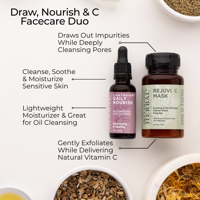 Draw, Nourish & C Facecare Duo with text describing their benefits on a white background.
