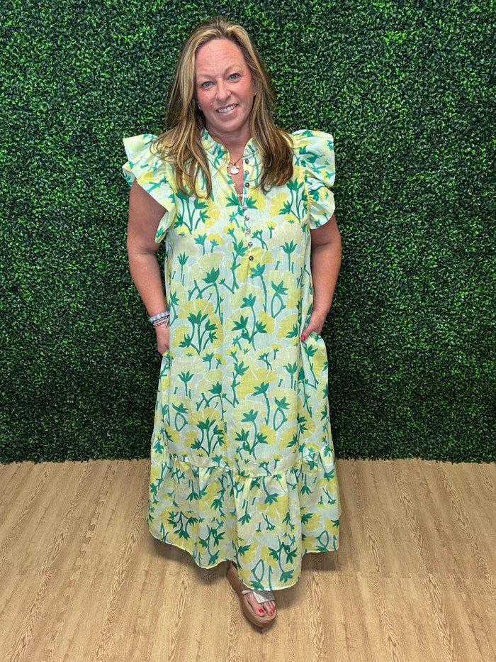 Entro Floral Flutter Sleeve Midi Dress