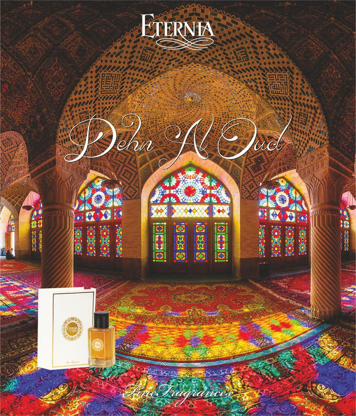 Eternia® Dehn Al Oud Eau de Parfum bottle and box, gold and amber tones
