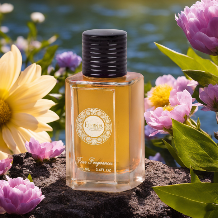 Eternia Flowers of the Day eau de parfum bottle, amber liquid, black cap, 100 ml