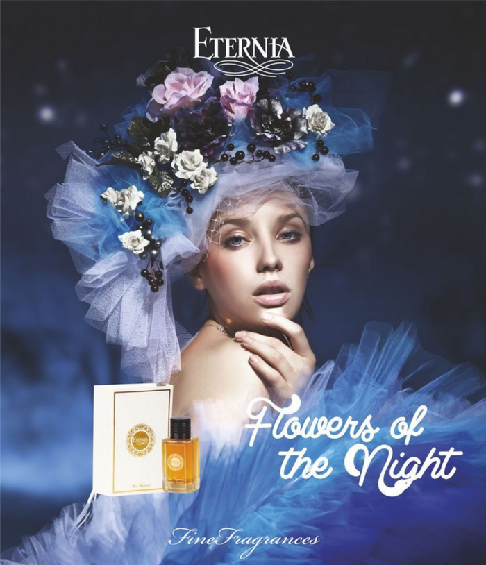 Eternia Flowers of the Night eau de parfum set: amber bottle and cream box