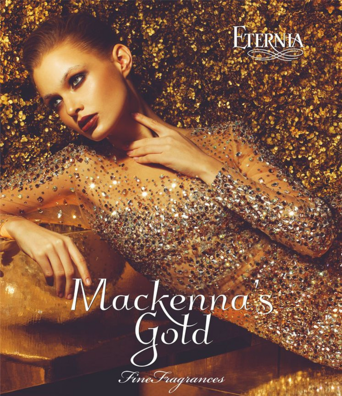 Eternia Mackenna's Gold eau de parfum; model in gold sequin long-sleeve outfit