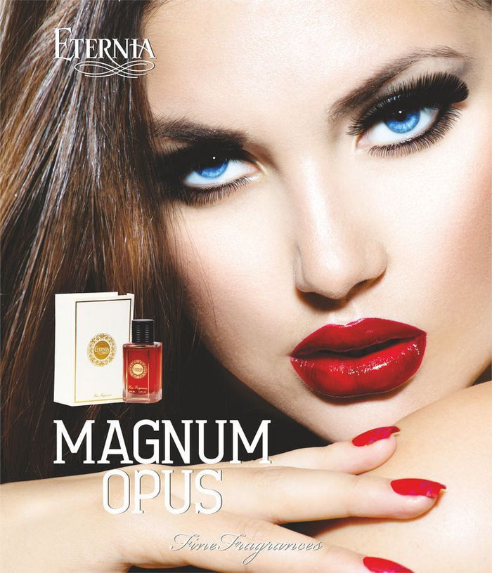 Eau de parfum bottle with red glass and black cap beside white box