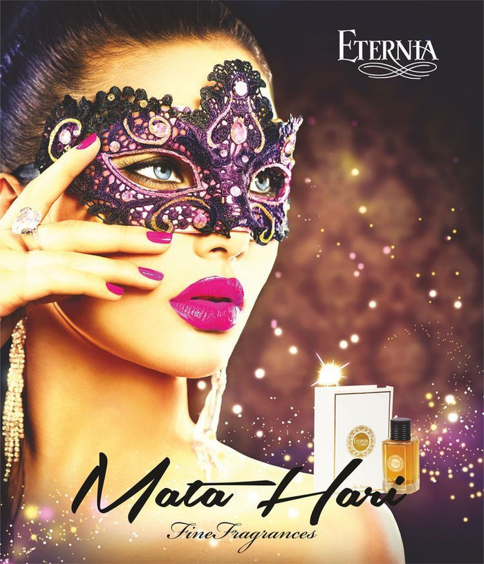 Eternia Mata Hari eau de parfum bottle with amber liquid and ornate label, 100 ml