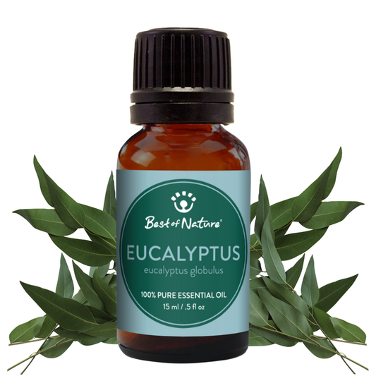 Bottle of Best of Nature Eucalyptus essential oil with eucalyptus leaves on a white background
