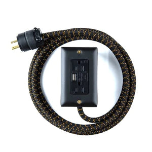 Dual outlet power cord with black-speckled braided cable and white outlet base
