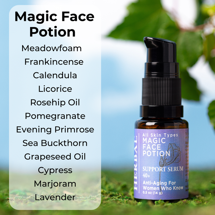 Bottle of 'Magic Face Potion' with a list of ingredients on a natural background