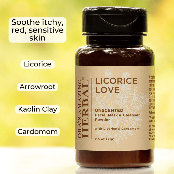 Licorice Love unscented facial mask & cleanser powder with ingredients listed on a yellow background.