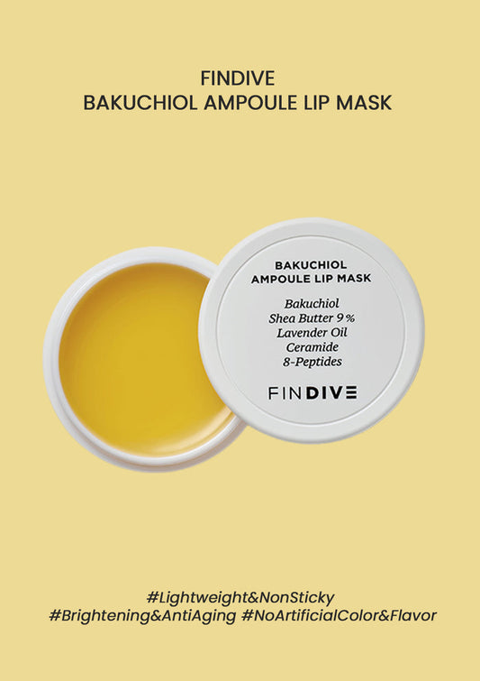 A packaged lip mask product with the brand name FINDIVE Bakuchiol Ampoule Lip Mask, showing the product slightly open to display the yellow-colored content inside. The packaging is predominantly white with text detailing the product name, ingredients, and benefits.