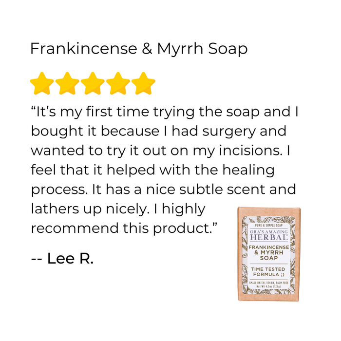 Review for Frankincense & Myrrh Soap with a five-star rating and customer testimonial.