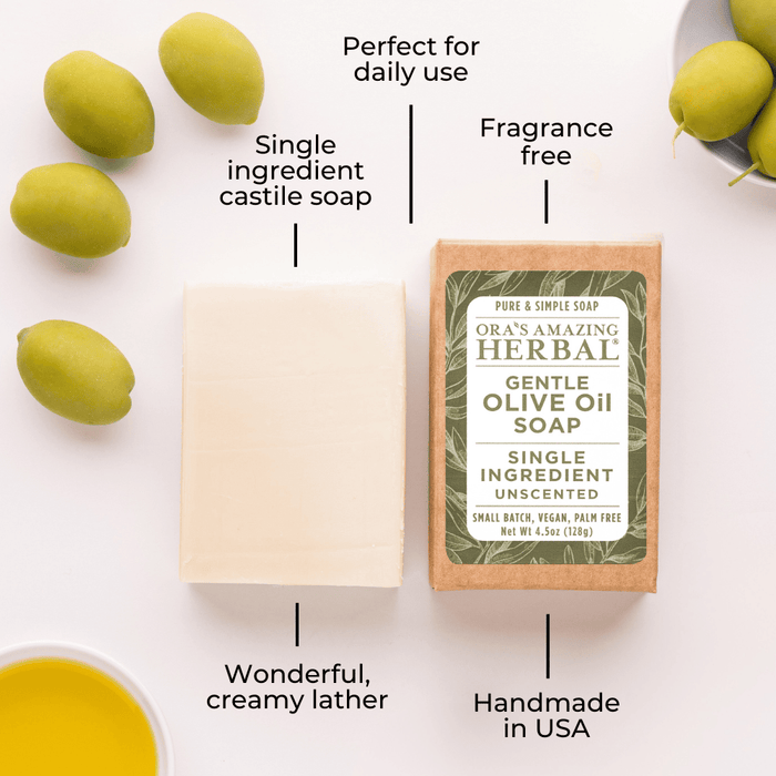 Gentle Olive Oil Soap with Box Lifestyle Indoor Texture Benefits Infographic