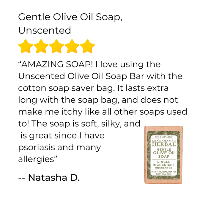 Review for Gentle Olive Oil Soap with a five-star rating and customer testimonial on a white background.