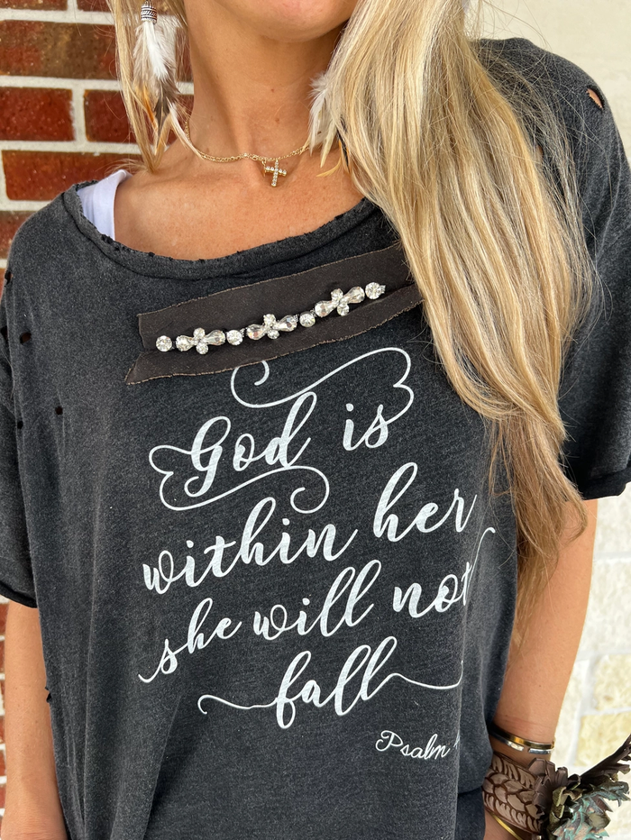 God Is Within Her - Rare Bird Blinged Distressed Oversized Tee