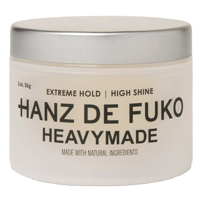 Hanz de Fuko Heavymade pomade i hvit beholder med sølvlokk, ekstrem hold og høy glans