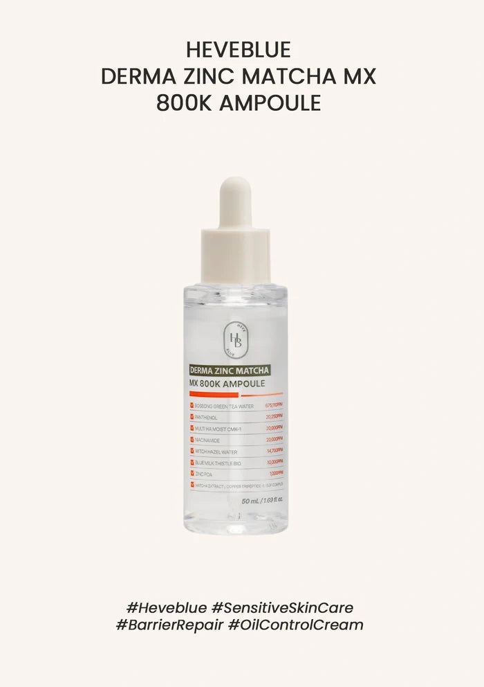Heveblue Derma Zinc Matcha MX 800K Ampoule bottle on a white background