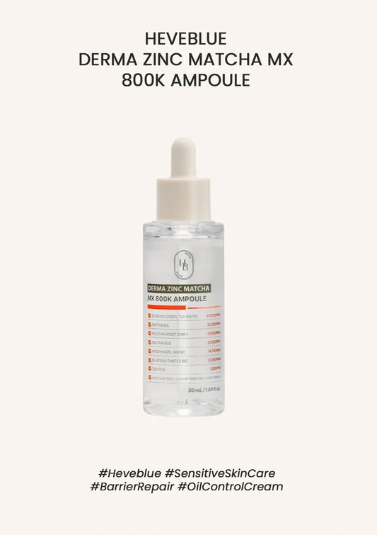 Heveblue Derma Zinc Matcha MX 800K Ampoule bottle on a white background