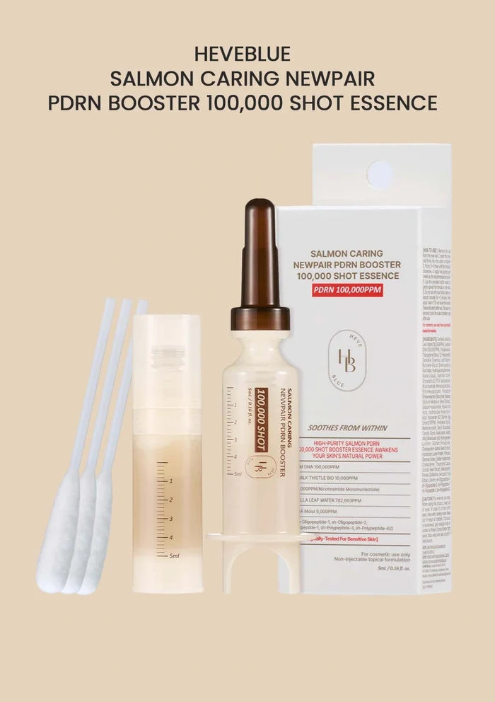 Salmon Caring Newpair PDRN Booster 100,000 Shot Essence with packaging on a beige background