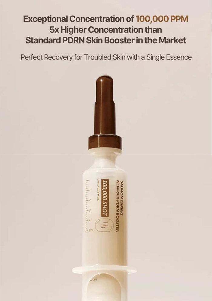Skincare serum bottle with text about exceptional concentration on a beige background