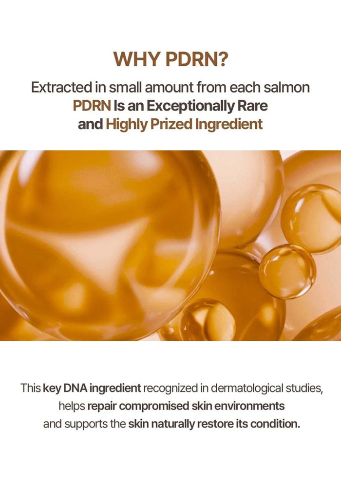 Close-up of salmon oil droplets with text about PDRN's rarity and benefits.