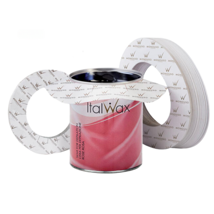 W392 Italwax 20pack Wax Pot Collar rings | A set of Italwax wax pot collar rings in white, displayed around a pink wax tin of Italwax wax.