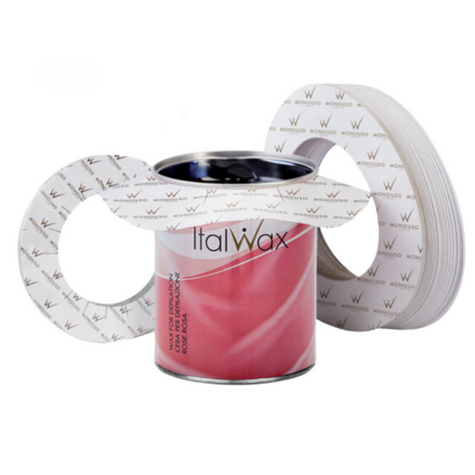 W392 Italwax 20pack Wax Pot Collar rings | A set of Italwax wax pot collar rings in white, displayed around a pink wax tin of Italwax wax.