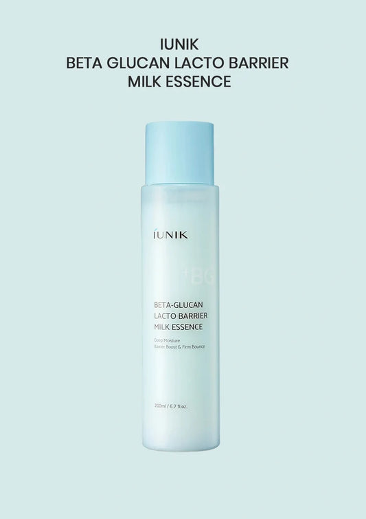 IUNIK Beta Glucan Lacto Barrier Milk Essence bottle on a light blue background