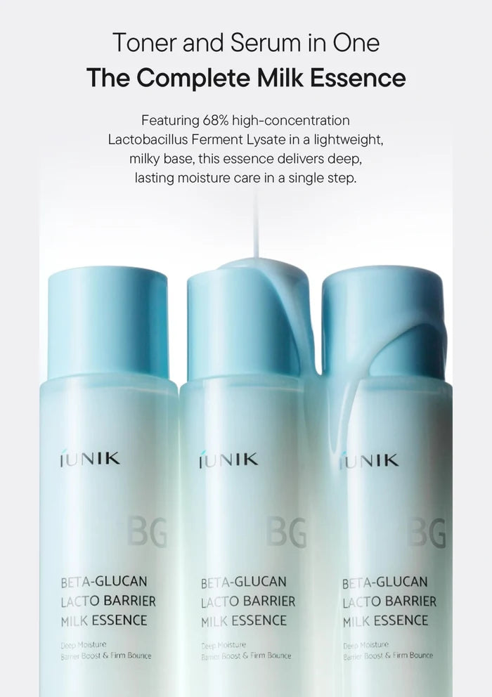 Three bottles of UNIK skincare product on a white background with text about the product's benefits.