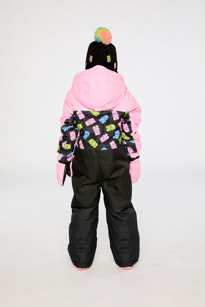 Kids One Piece Play Snowsuit Pink And Black Gummy Bear Print-3