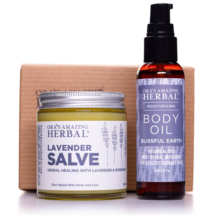 Lavender Love Set 4oz Lavender Salve and 2oz Blissful Earth Body Oil White Background with Box