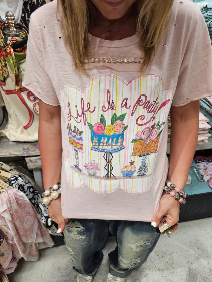 Life is a Party Dusty Pink - Rare Bird Blinged Distressed Oversized Tee