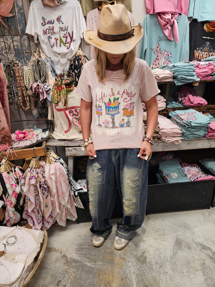 Life is a Party Dusty Pink - Rare Bird Blinged Distressed Oversized Tee