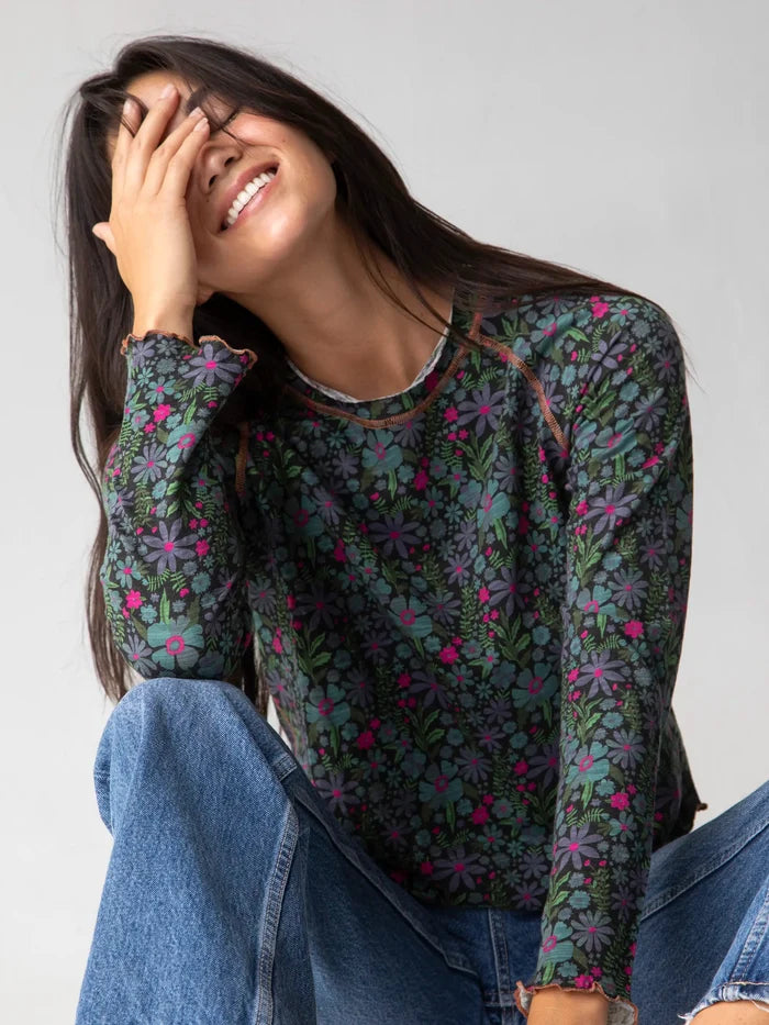 Lily Knit Cotton Long Sleeve Tee Shirt - Dark Blue Garden-view 1