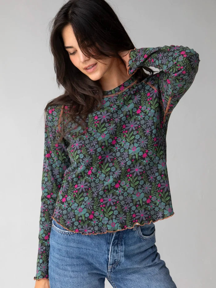 Lily Knit Cotton Long Sleeve Tee Shirt - Dark Blue Garden-view 3