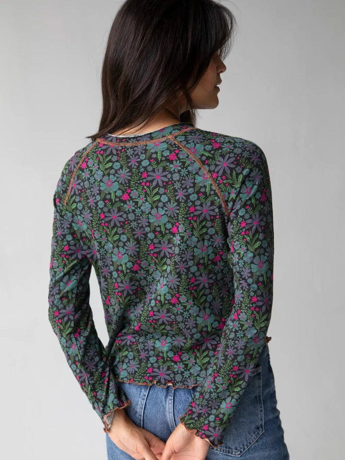 Lily Knit Cotton Long Sleeve Tee Shirt - Dark Blue Garden-view 4
