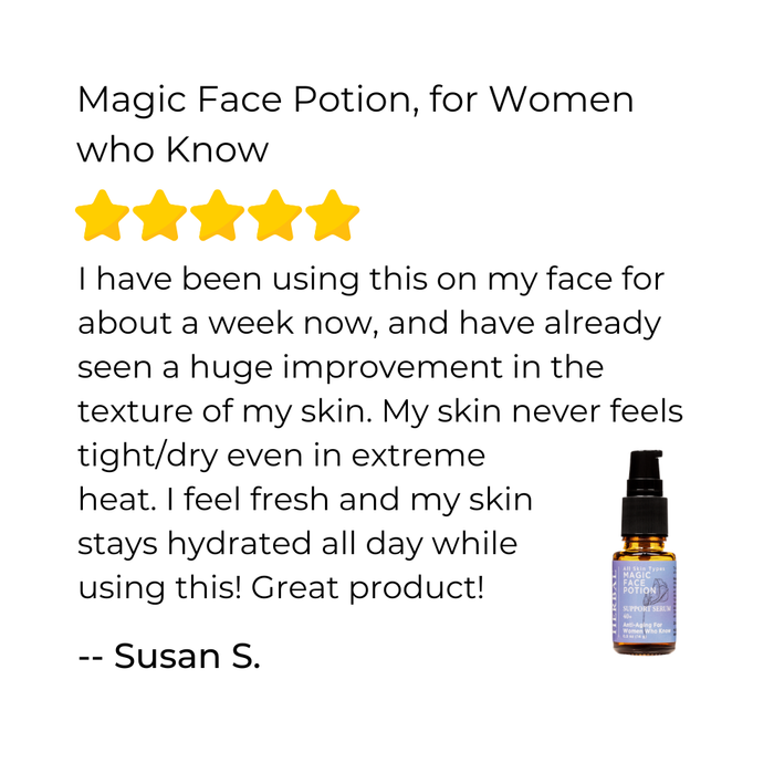 Product review for 'Magic Face Potion' with a bottle on a white background