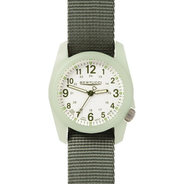 A Bertucci analog resin watch with a green nylon band and a white watch face, displaying hours, minutes, and seconds.