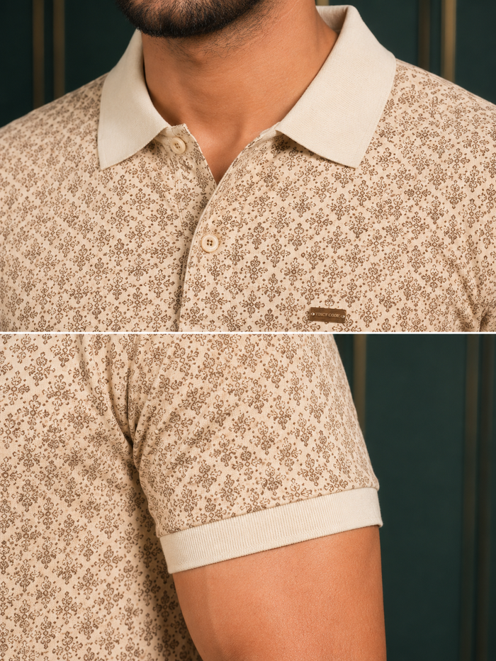 Men's Beige Geometric Print Polo T-Shirt | Premium Cotton Casual Wear