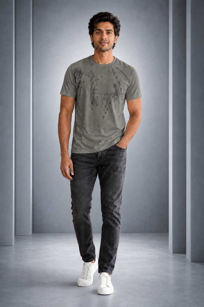 Men’s Grey Abstract Printed Round-Neck T-Shirt