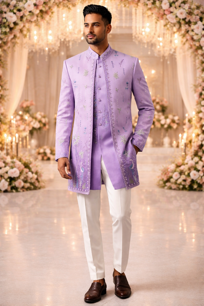 Men’s Lavender Embroidered Semi-Indo Western