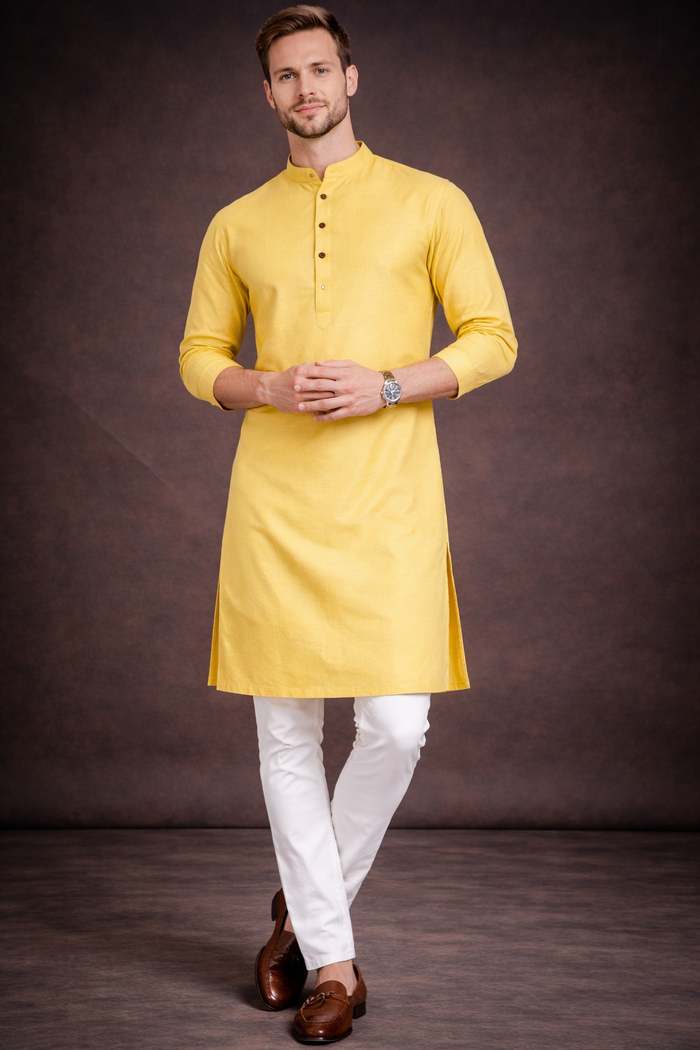 Men’s Lemon Yellow Cotton Namazi Kurta