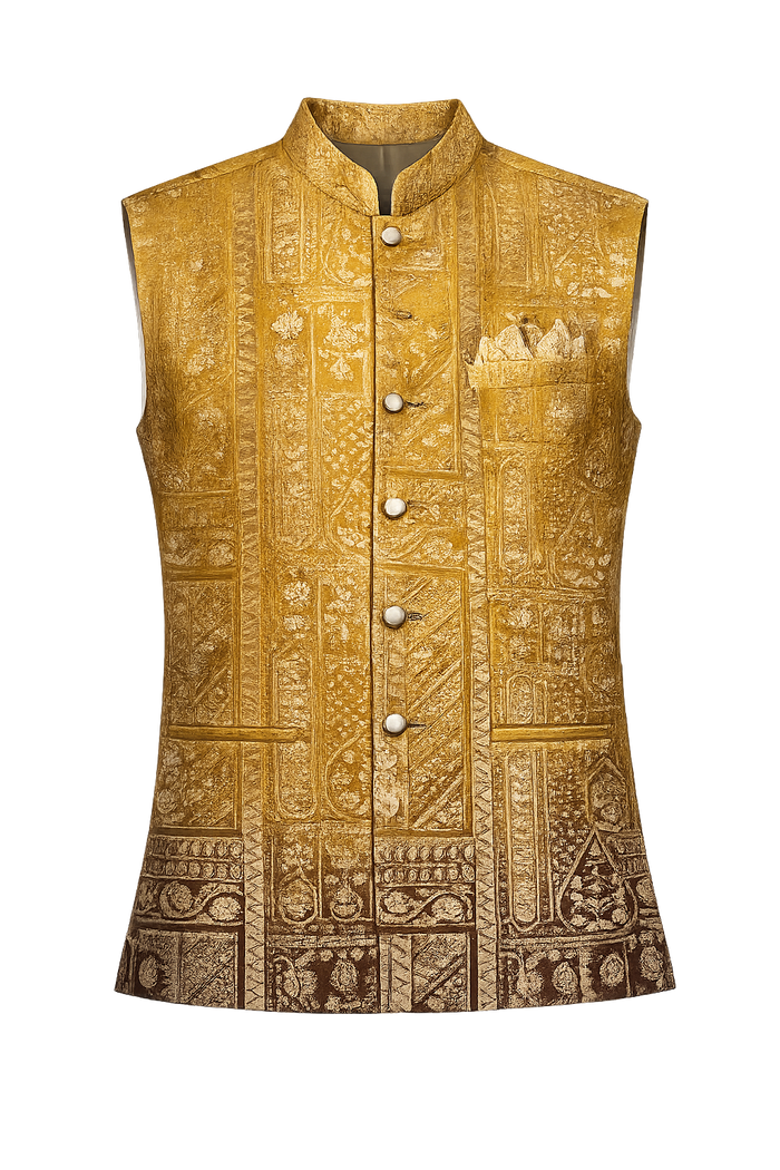 Men's Mustard Gold Jacquard Nehru Jacket | Premium Ethnic Wedding Waistcoat