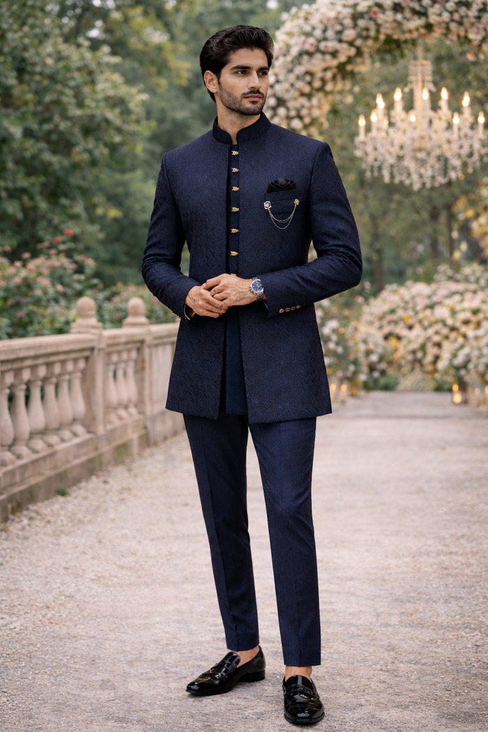 Men’s Navy Blue Jacquard Self-Patterned Indo-Western Sherwani