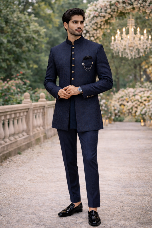 Men’s Navy Blue Jacquard Self-Patterned Indo-Western Sherwani