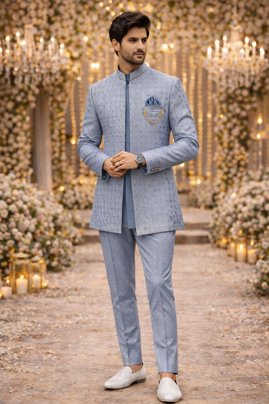 Men’s Steel Blue Jacquard Self-Patterned Indo-Western Sherwani