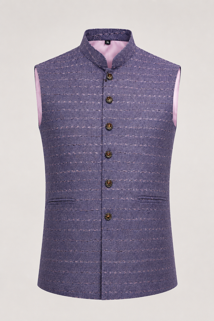 Men's Textured Purple Nehru Jacket | Ethnic Waistcoat with Mandarin Collar