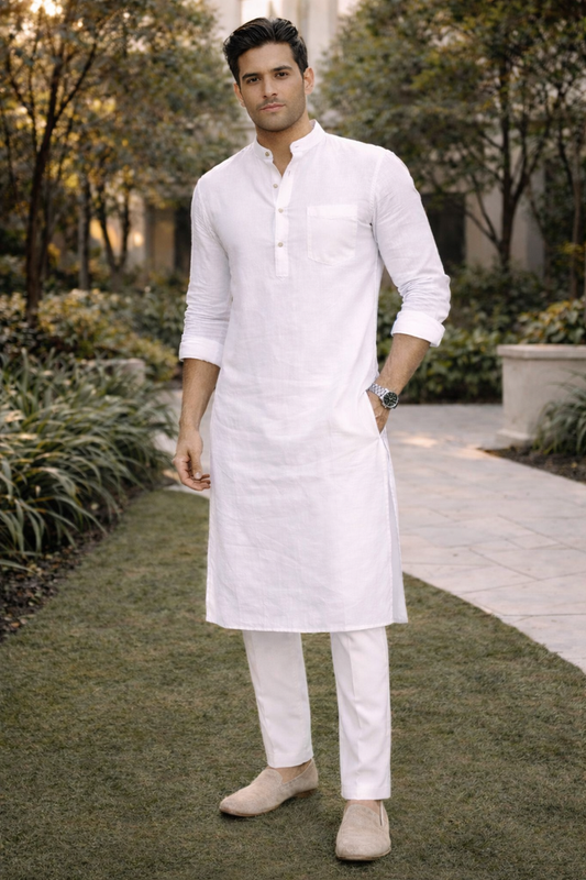 Men’s White Solid Cotton Kurta Salwar Set