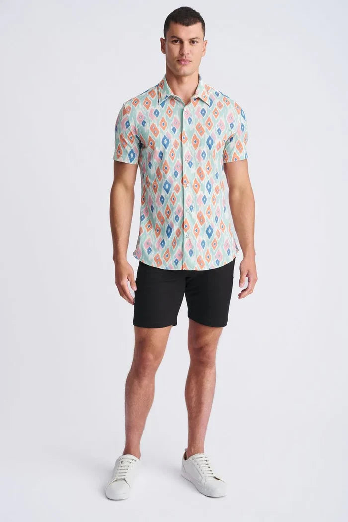 Mint/Coral Diamonds Printed Performance Short Sleeve Shirt W/ Contrast Placket PM-76112