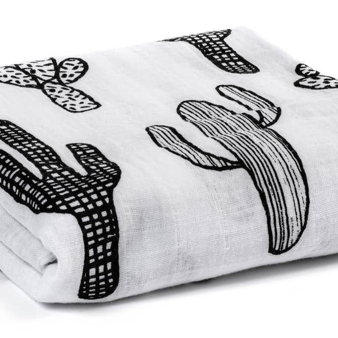 Modern Burlap Organic Cotton Black & White Muslin Swaddle - Cactus
