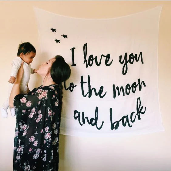 Modern Burlap Organic Cotton Black & White Muslin Swaddle - I Love You To the Moon and Back